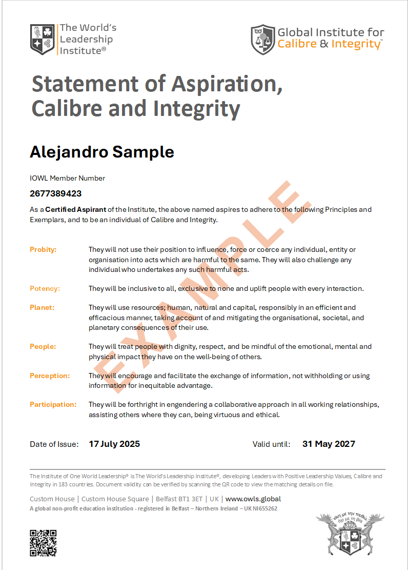 Statement of Aspiration, Calibre and Integrity sample