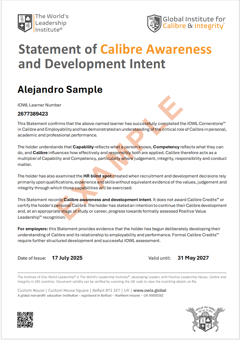 Statement of Calibre Awareness and Development Intent&trade; sample