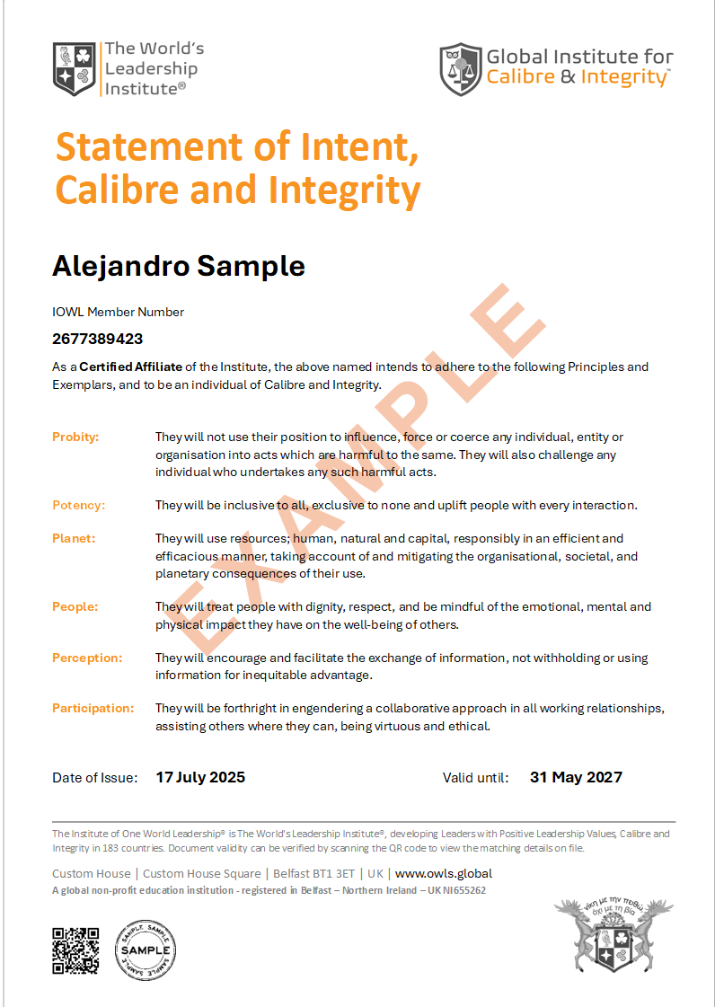 Statement of Intent, Calibre and Integrity sample