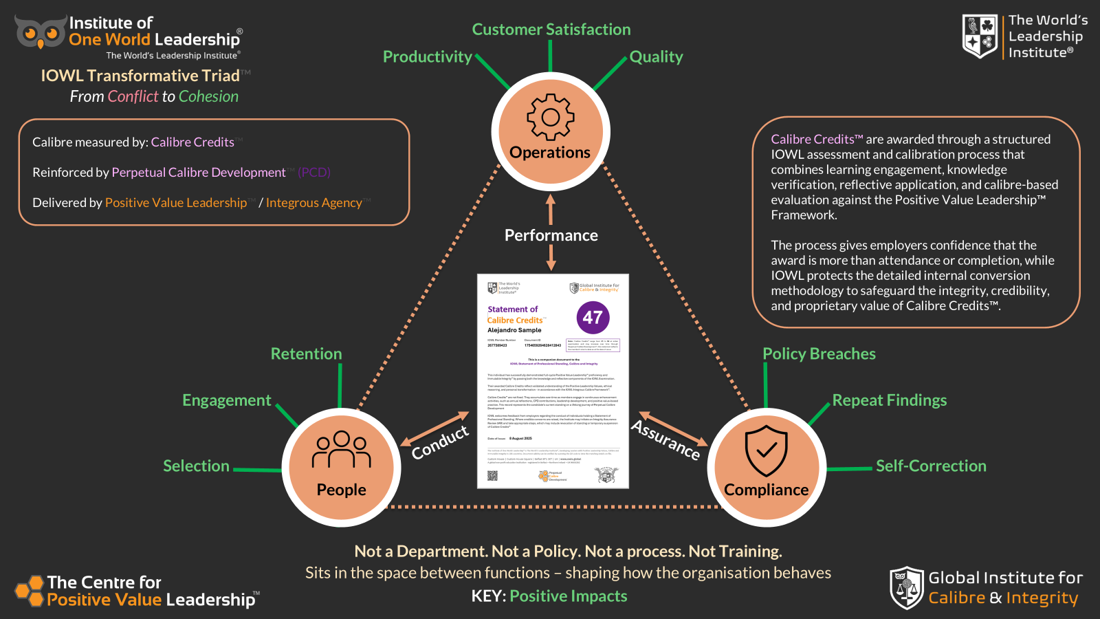 IOWL Transformative Triad showing Calibre Credits as an evidence layer across organisational performance, conduct and assurance